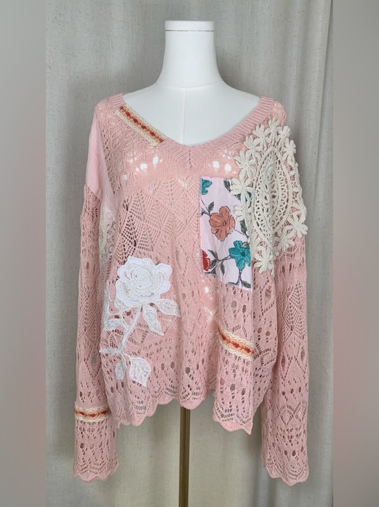 POL Tops - POL Blush Pink Crochet Lace Patchwork Sweater | Boho Cottagecore | Medium L1-37